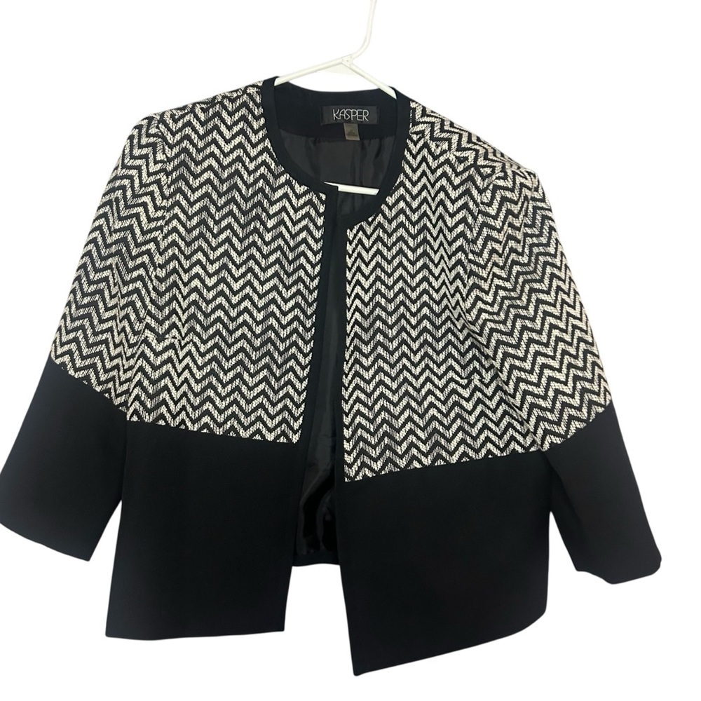Kasper Black White Chevron Open Front Career Jacket Blazer Size 12